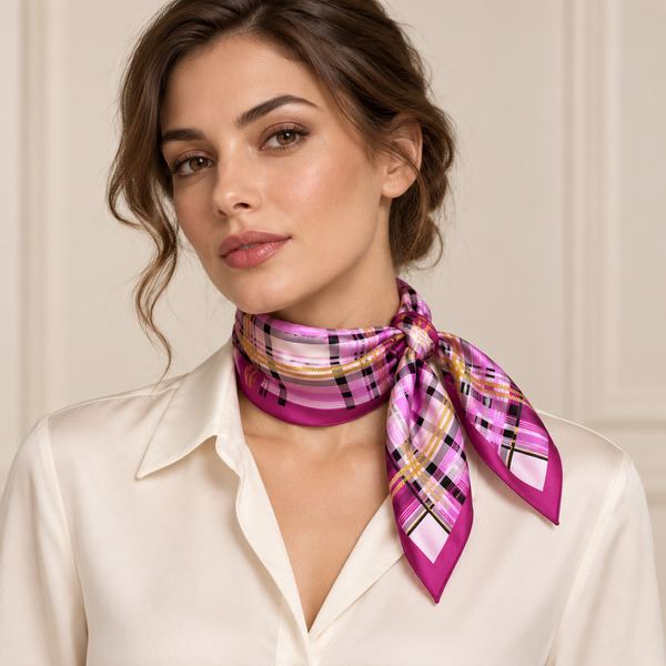 Foulard Seta 100% disegno 62854 var 1 rosa — foto Tessago indossata